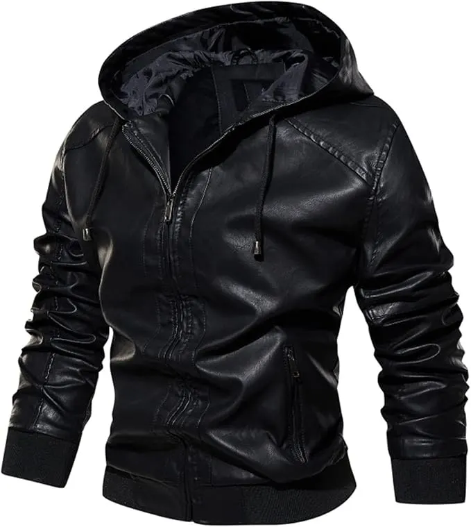 Men Motorcycle Leather Hoodie Jacket