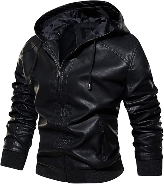 Men Motorcycle Leather Hoodie Jacket