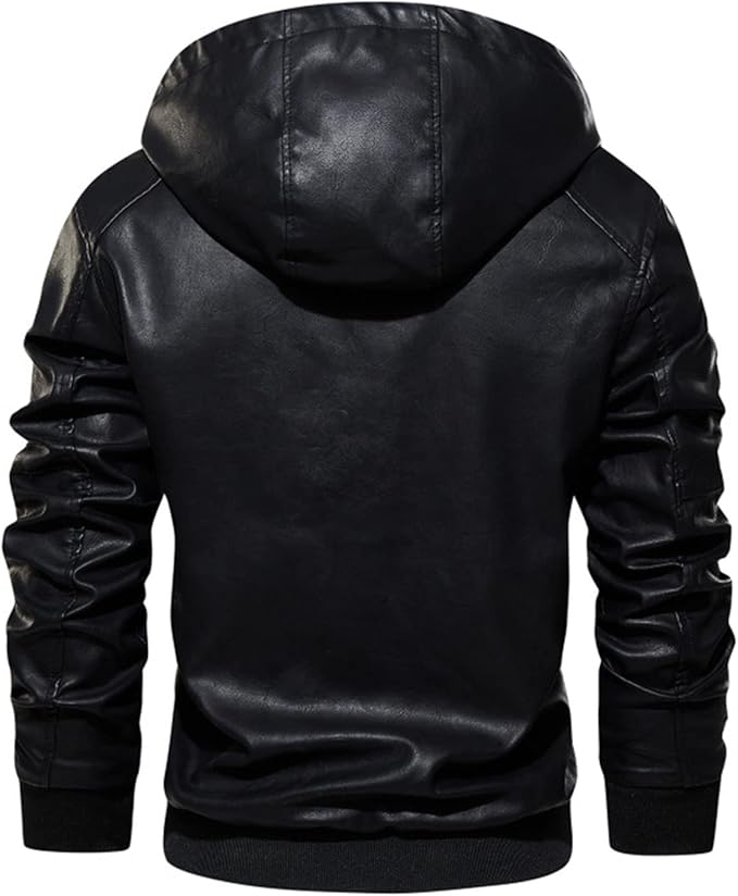 Men Motorcycle Leather Hoodie Jacket