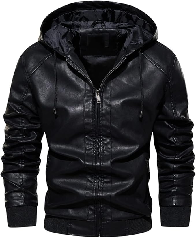 Men Motorcycle Leather Hoodie Jacket