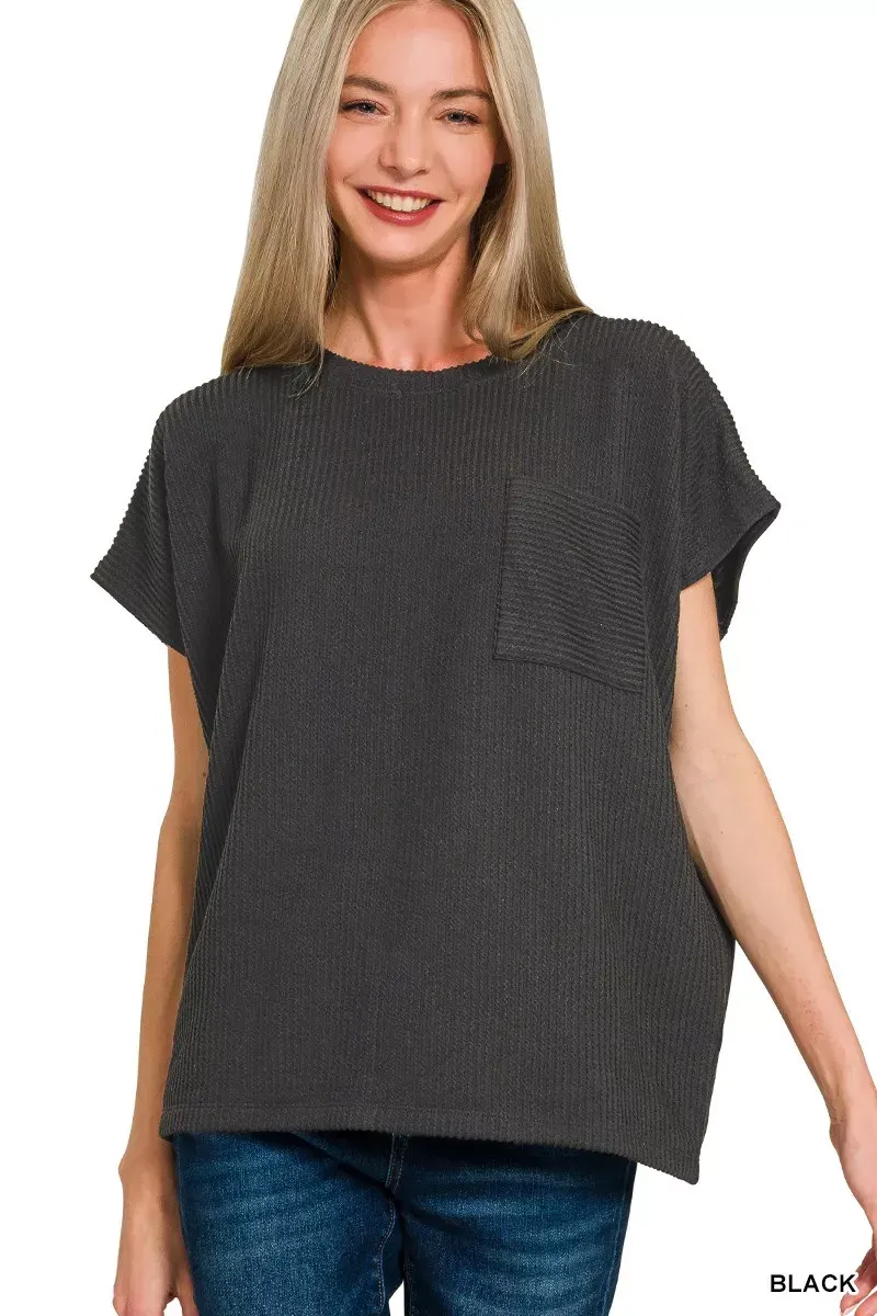 Zenana Raised Rib Front Pocket Boxy Top